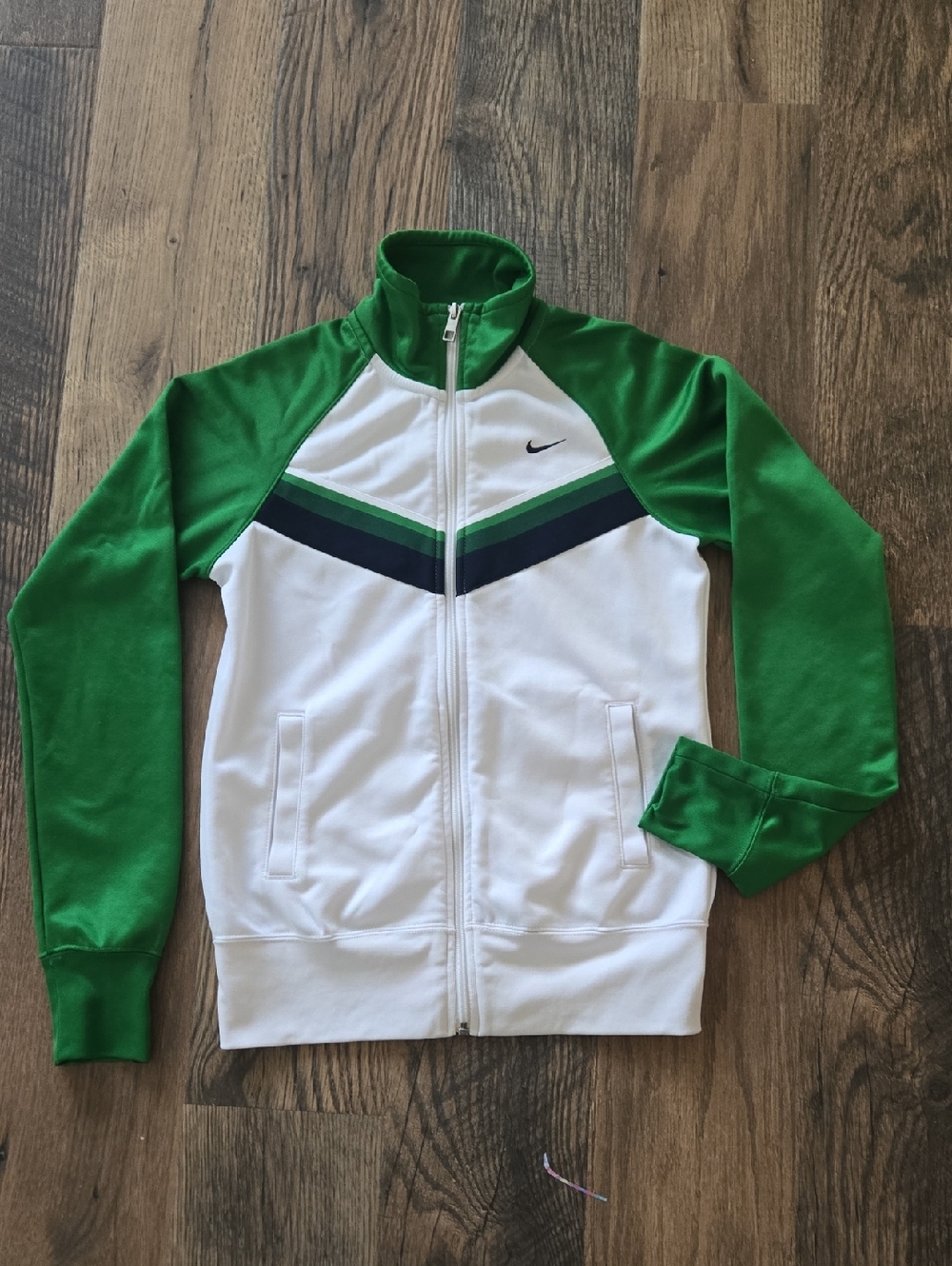 Nike White and Green Track Jacket with Chevron Stripes